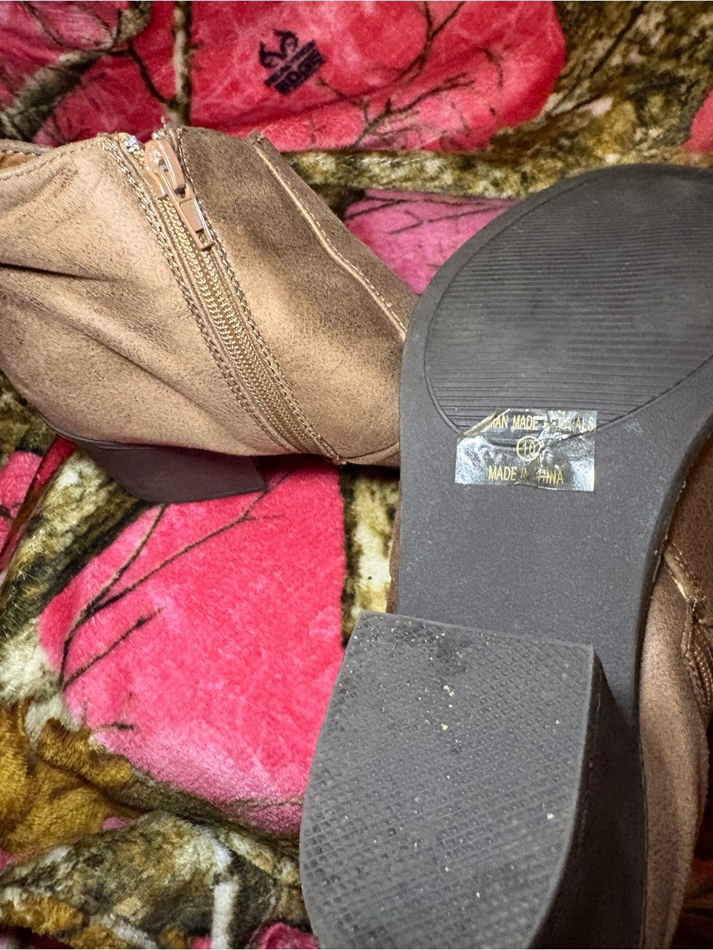 Women's Tan Suede-Look Ankle Booties with Side Zip